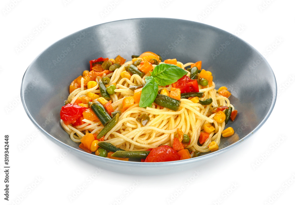 Plate with tasty pasta and vegetables on white background Plate with tasty pasta and vegetables on white background