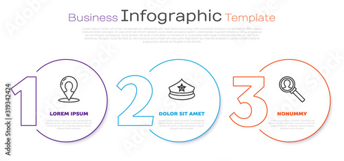 Set line Map marker with a silhouette of a person, Police cap with cockade and Magnifying glass for search. Business infographic template. Vector