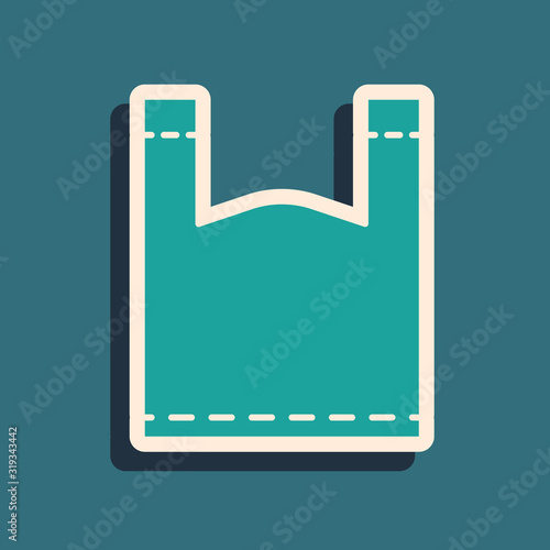 Green Plastic bag icon isolated on blue background. Disposable cellophane and polythene package prohibition sign. Long shadow style. Vector Illustration