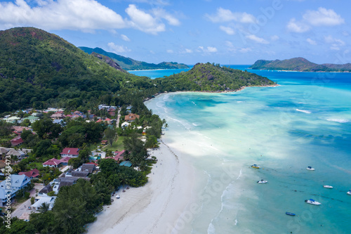 Anse Volbert beach in Praslin Island Seychelles Drone view