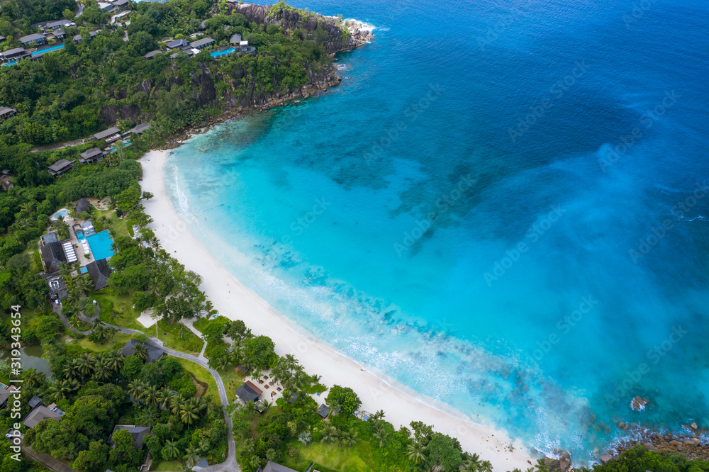 Anse Volbert beach in Praslin Island Seychelles Drone view