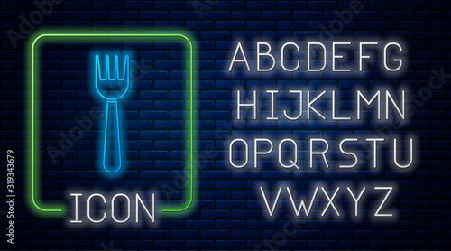 Glowing neon Disposable plastic fork icon isolated on brick wall background. Neon light alphabet. Vector Illustration