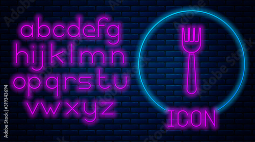 Glowing neon Disposable plastic fork icon isolated on brick wall background. Neon light alphabet. Vector Illustration