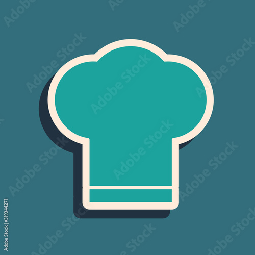 Green Chef hat icon isolated on blue background. Cooking symbol. Cooks hat. Long shadow style. Vector Illustration