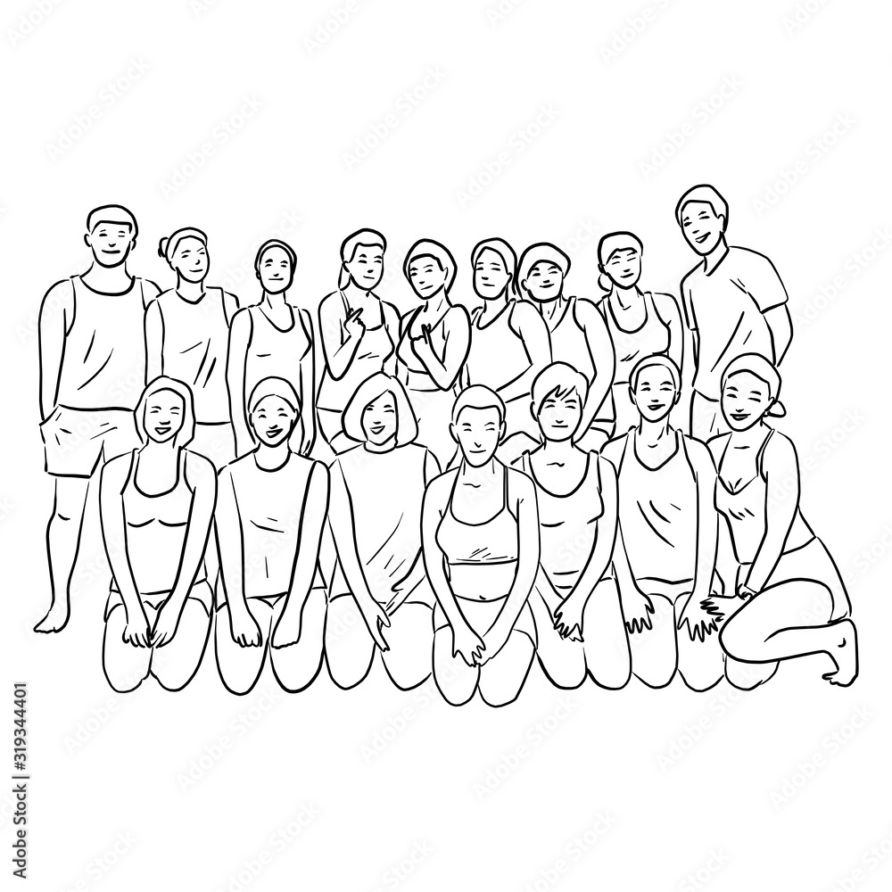 group of people after yoga class standing and sitting together vector illustration sketch doodle hand drawn isolated on white background group of people after yoga class standing and sitting together vector illustration sketch doodle hand drawn isolated on white background