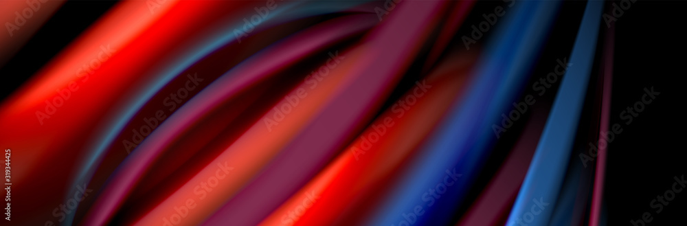 Silk and smooth flow wave poster design. Color waves, liquid style lines and shapes in black color background Silk and smooth flow wave poster design. Color waves, liquid style lines and shapes in black color background