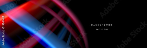 Silk and smooth flow wave poster design. Color waves, liquid style lines and shapes in black color background