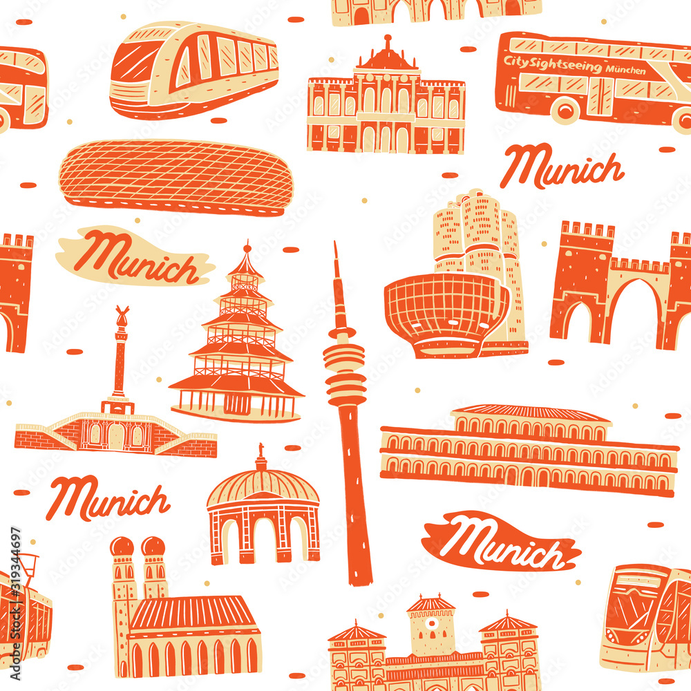 Illustration of seamless pattern Munich city landmark with flat design style. Illustration of seamless pattern Munich city landmark with flat design style.