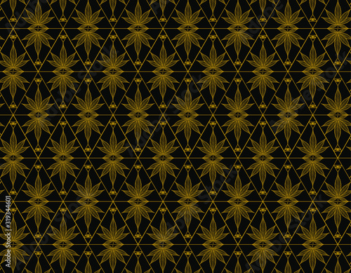 Cannabis or Marijuana golden Leaf into two triangle, one with illuminati eye, forming a background pattern art deco style with black background