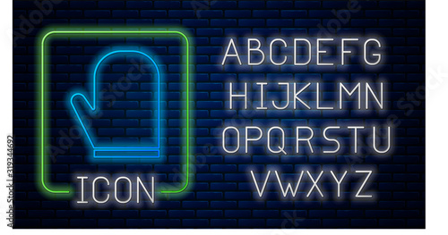 Glowing neon Oven glove icon isolated on brick wall background. Kitchen potholder sign. Cooking glove. Neon light alphabet. Vector Illustration