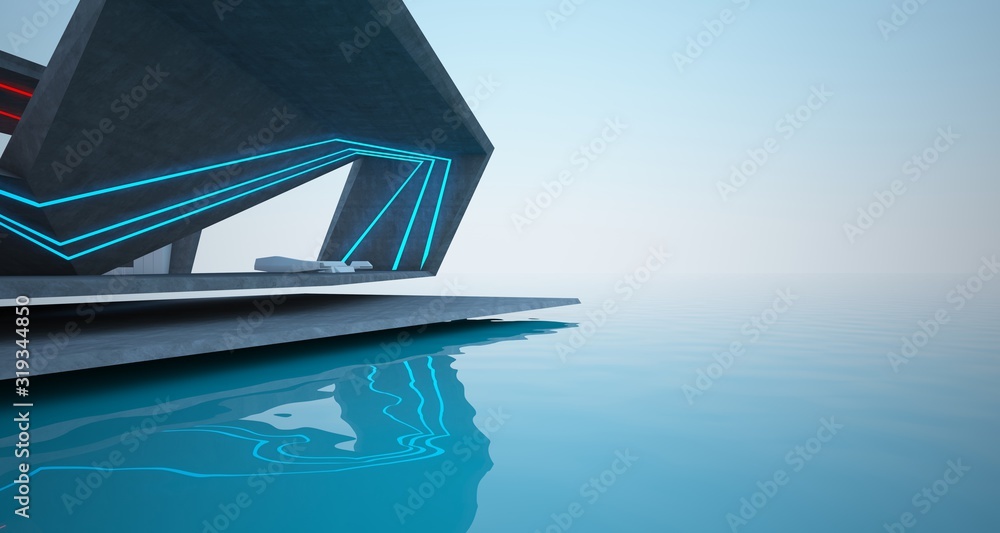 Abstract architectural concrete interior of a modern villa on the sea with colored neon lighting. 3D illustration and rendering.