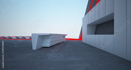 Abstract architectural concrete interior of a modern villa on the sea with colored neon lighting. 3D illustration and rendering.