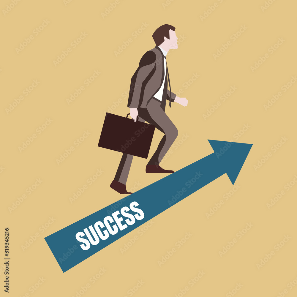 Cartoon character of successful businessman in suit side view climbing up arrow with word success, bring briefcase. Success businessman Cartoon character of successful businessman in suit side view climbing up arrow with word success, bring briefcase. Success businessman