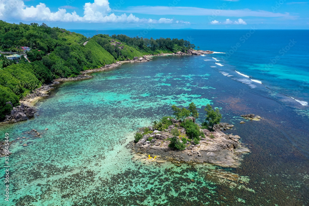 Drone tropical island in the sea view, Mahe Island, Seychelles, 
