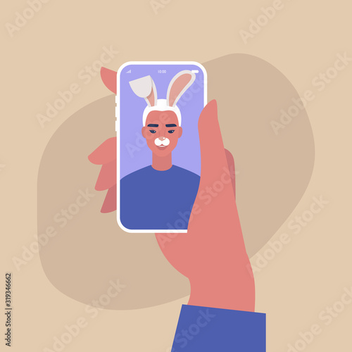 Digital face application, young asian male character wearing a bunny mask, millennial lifestyle