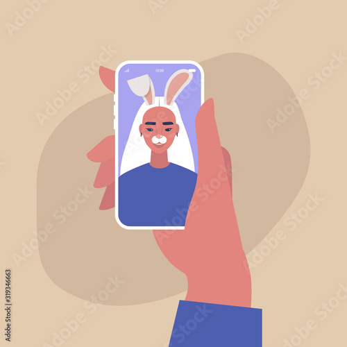 Digital face application, young asian female character wearing a bunny mask, millennial lifestyle