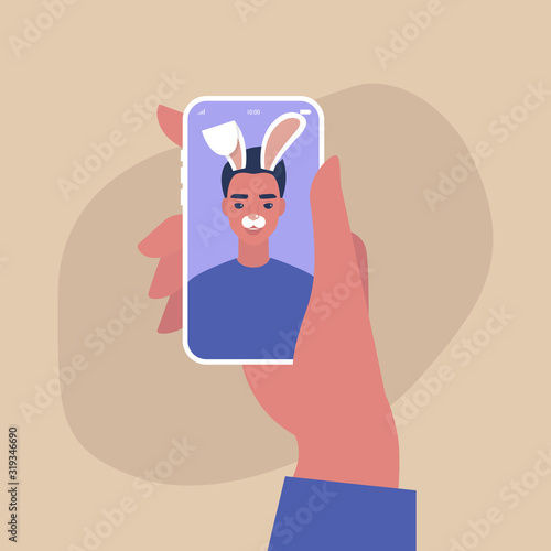Digital face application, young male character wearing a bunny mask, millennial lifestyle