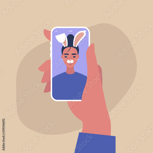 Digital face application, young female character wearing a bunny mask, millennial lifestyle