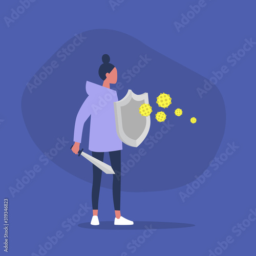 Young female character fighting the virus with a sword and shield, healthcare, the immune system
