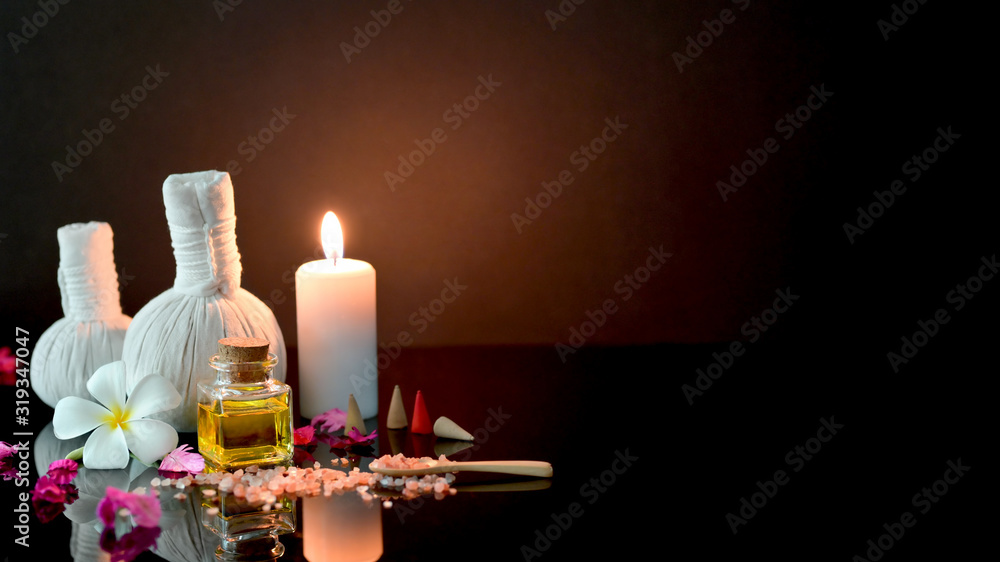 Obraz Cropped shot of spa treatment and relax concept with spa accessories,   candle and aroma oil