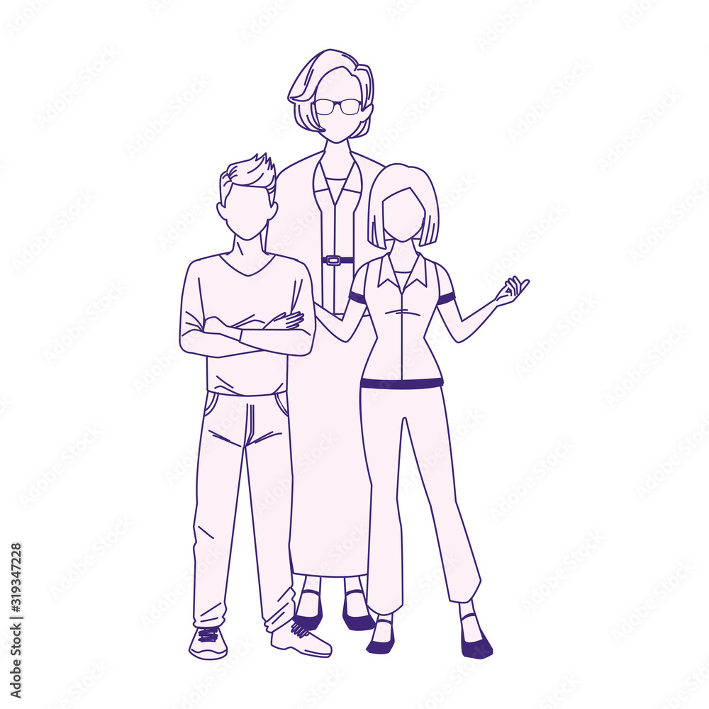 cartoon old woman with teenager boy and girl standing