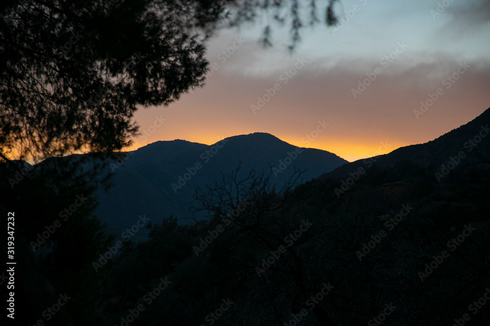 Obraz premium sunset in the mountains with tree in foreground