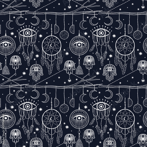 Seamless pattern dream catcher.Vintage bohemian drawing style.