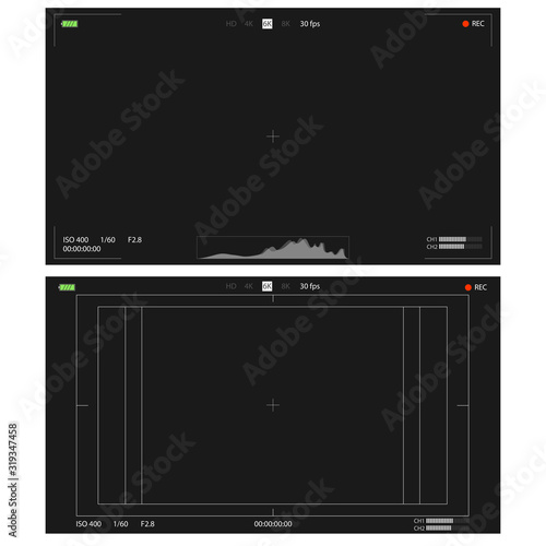 Set of digital camera viewfinders. Interfaces with point of focus, battery indicator, safe frame and rec status. Video screen of DSLR camera. Digital recorder display. Vector Illustration, EPS10