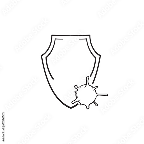 hand drawn virus and shield icon isolated on white
