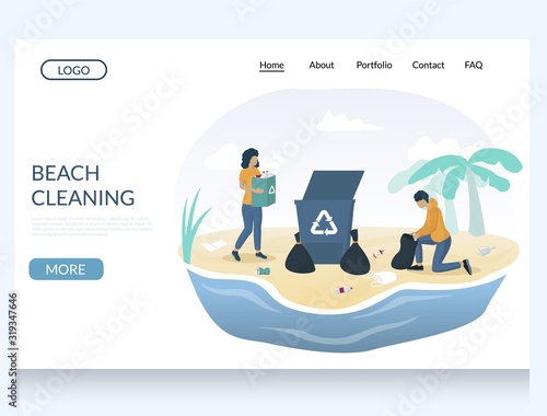 Beach cleaning vector website landing page design template