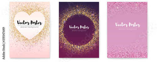 Set of posters with chic sparkle sequins. Template for events, parties and actions with golden and pink glittering. 3d vector illustration, eps10