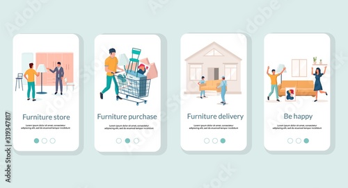 Furniture store mobile app onboarding screens vector template