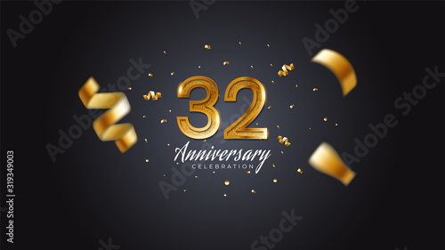 32nd anniversary celebration Gold numbers with dotted halftone, shadow and sparkling confetti. modern elegant design with black background. for wedding party event decoration. Editable vector EPS 10