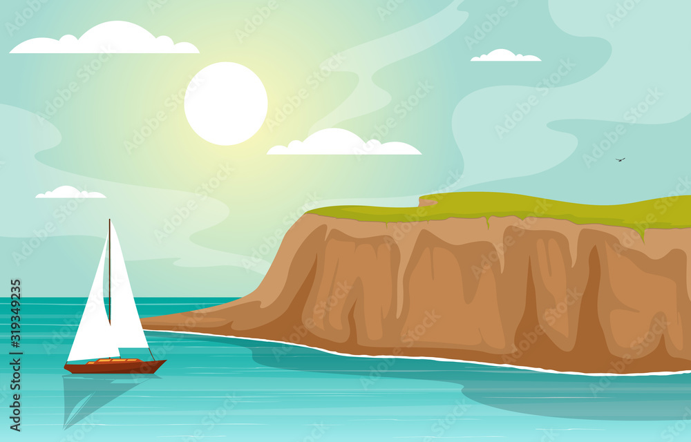 Naklejka premium Beautiful Sea Panorama Beach Coast Bay Ocean Landscape Illustration