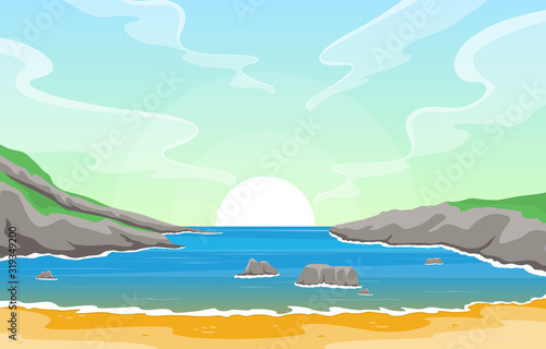 Beautiful Sea Panorama Beach Coast Bay Ocean Landscape Illustration