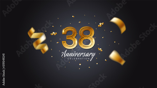 38th anniversary celebration Gold numbers with dotted halftone, shadow and sparkling confetti. modern elegant design with black background. for wedding party event decoration. Editable vector EPS 10