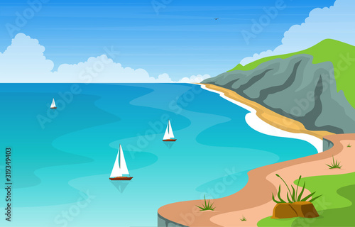 Beautiful Sea Panorama Beach Coast Bay Ocean Landscape Illustration