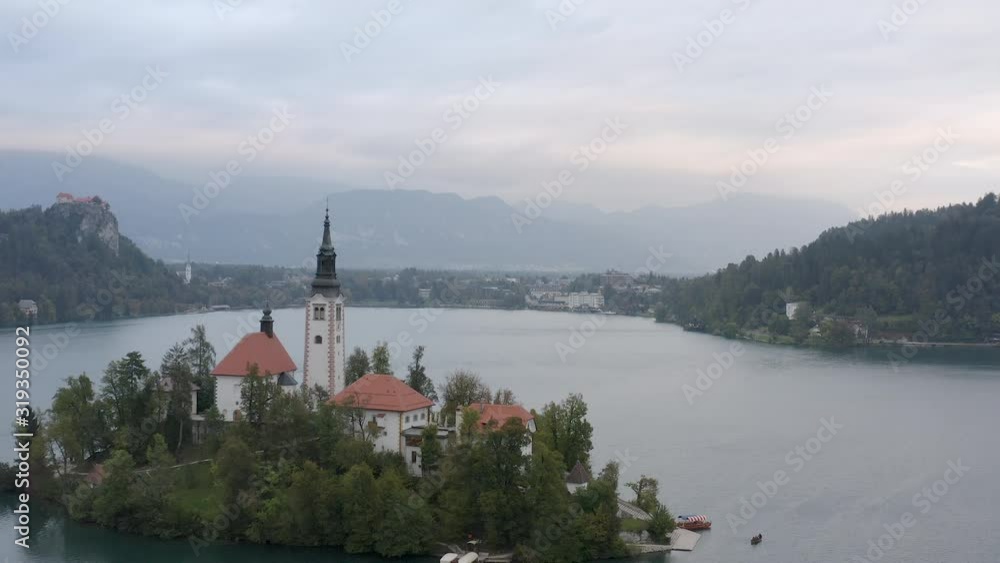 Lake Bled and the Church of the assumption of Mary, Aerial footage on a beautiful summer day Lake Bled and the Church of the assumption of Mary, Aerial footage on a beautiful summer day