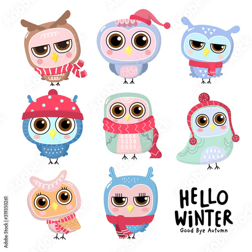 Wallpaper Mural Cute owl with winter costume. Animal holidays cartoon character. -Vector Torontodigital.ca