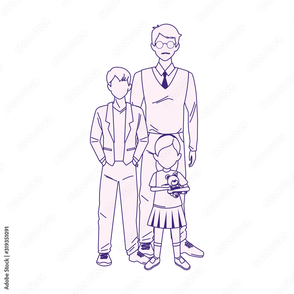 cartoon man with boy and little girl