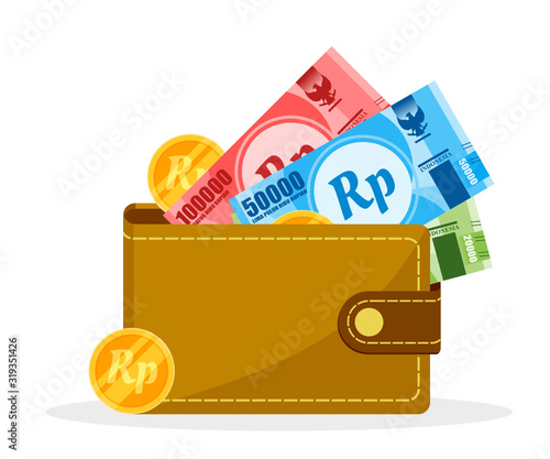 Indonesian Rupiah Money and Coin in a wallet vector illustration flat design. Indonesia Payment and finance element.  Can be used for web and mobile, infographic and print.