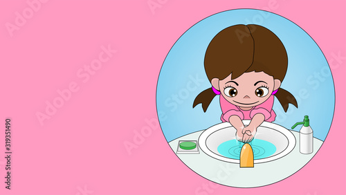 The cartoon illustration template background picture of a cute little girl washing her hand in the basin. ( vector )