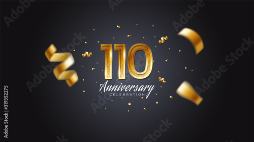110th anniversary celebration Gold numbers with dotted halftone, shadow and sparkling confetti. modern elegant design with black background. for wedding party event decoration. Editable vector EPS 10