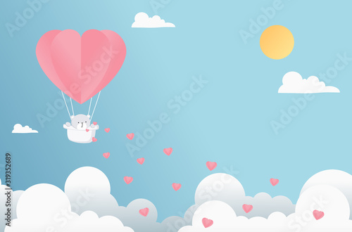 Valentine heart balloon with teddy bear on blue ocean background. Love postcard for Happy Mother's, Valentine's Day or birthday greeting card design. Space for your text.