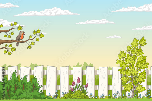 Spring landscape with bird and flowers. Hand drawn vector illustration with separate layers.