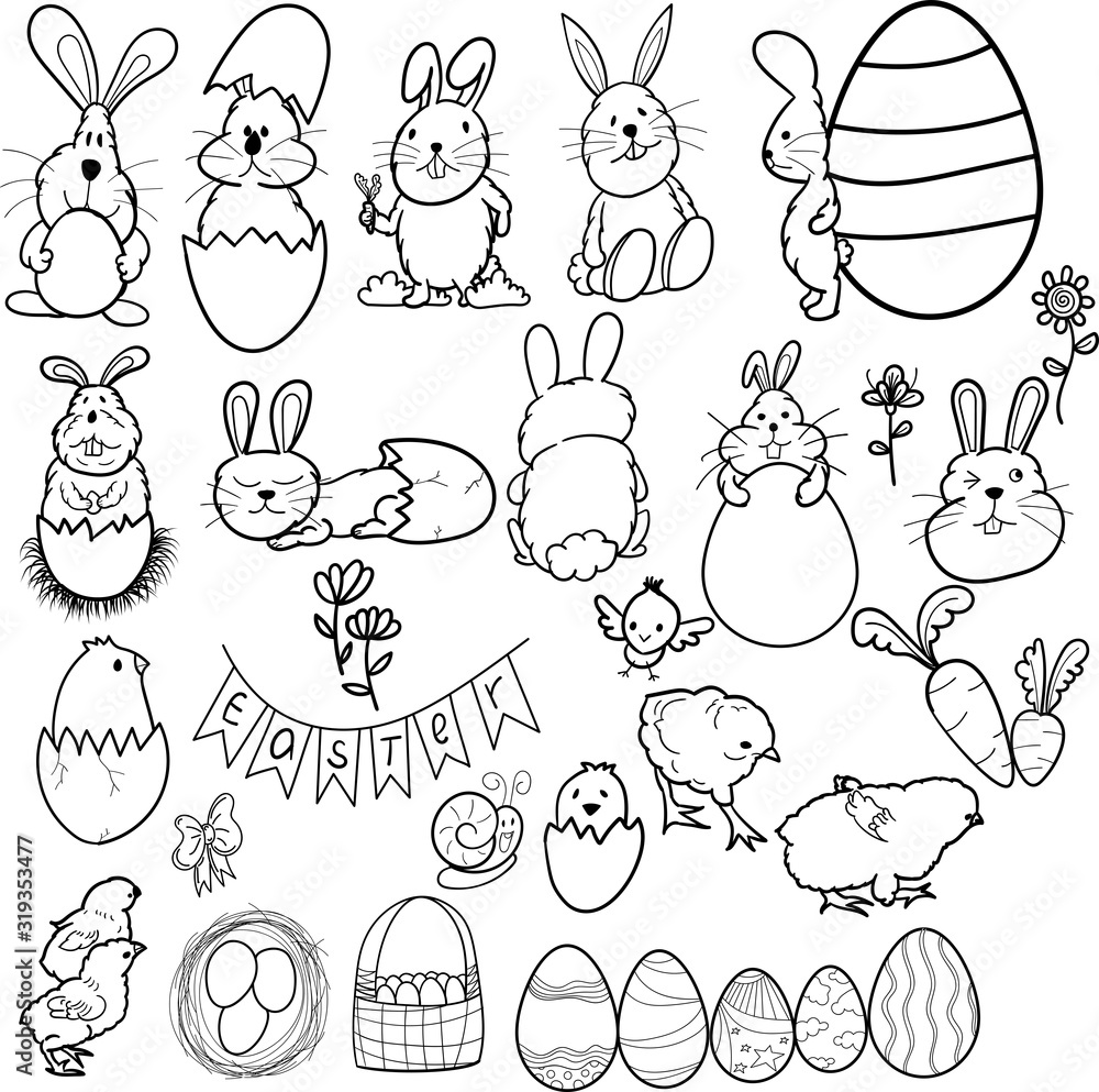Happy Easter design elements set. Easter set with cute bunnies, chickens, owls and eggs in cartoon style.