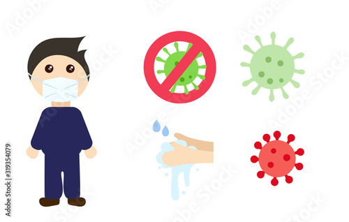 Vector illustration set for coronavirus theme isolated on white background. Man wearing a face mask to protect himself from Wuhan virus. Flat style virus form illustrations. Wash your hands sign.