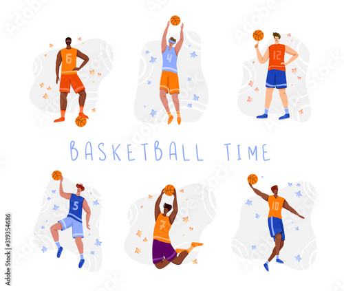 Basketball players with ball - set of isolated people characters, African American and white men playing, guys jumping with ball, muscular black basketball players - flat vector for poster, merch