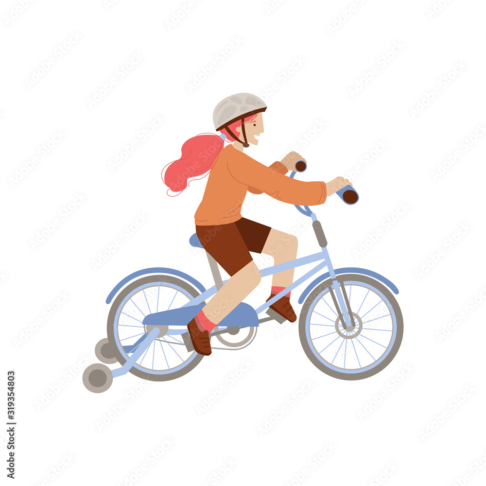 Cute teen or pre-teen girl ride a 4 wheel bike in a helmet, doing sport summer activities. Smiling happy girl on a bicycle, vector illustration, isolated on white background. Cute teen or pre-teen girl ride a 4 wheel bike in a helmet, doing sport summer activities. Smiling happy girl on a bicycle, vector illustration, isolated on white background.