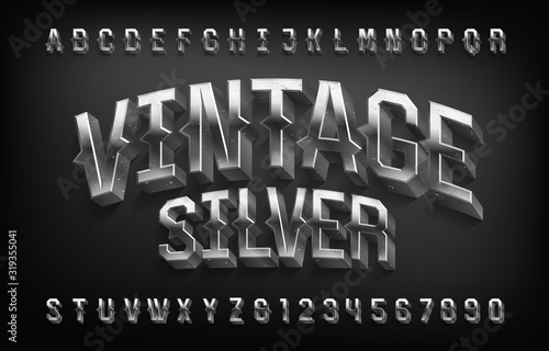 Vintage silver alphabet font. 3D damaged metal letters. Stock vector typescript for your design.